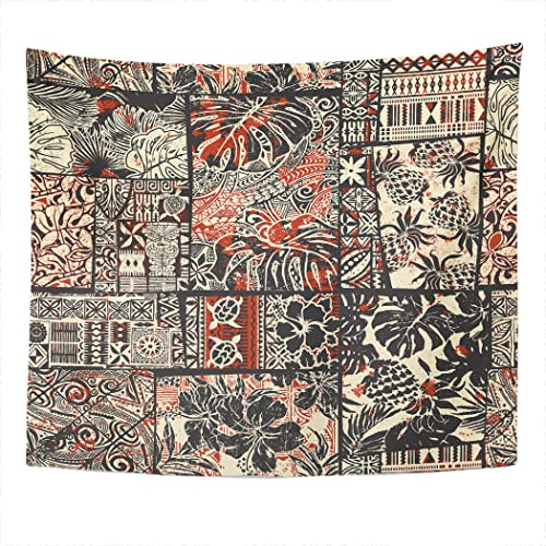 Shenywell Abstract Vintage Tapa Retro Tropical Tapestry Wall Hanging 60x80 Inch Hawaiian Hibiscus and Tribal Elements Fabric Patchwork Style Brown Pattern Decor for Bedroom Living Room Dorm