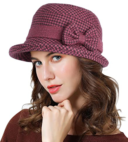 Adigaber Femme Chapeau Melon avec Bord Enroulable Hiver Rétro Chapeau Cloche avec Nœud Réglable