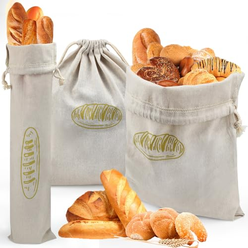 NAROSEBE 3 Pcs Sac à Pains Tissu, Sachet Pain en Lin 40*30/67*15cm, Sacs à Pain Boulangerie, Poche à Pain avec Cordon de Serrage, Sac à Baguette Tissu Lavable, pour Cuisine Pain Baguette Viennoiserie