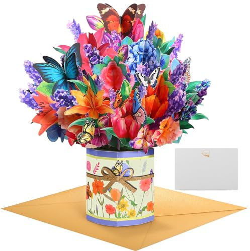 GWHOLE Carte Pop Up de Fleurs-Papillons, Carte Postale Cadeau 3D Exquise pour Anniversaire, Retraite, Mariage et Fête des Mères
