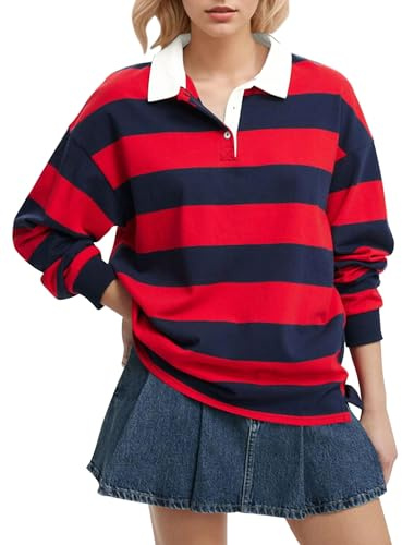 Lenader Women Long Sleeve Striped Polo Shirt Oversized Collar Y2k Pullover T Shirt Casual Loose Streetwear Rugby Sweatshirt Red-Blue