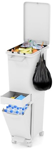 COSTWAY Cubo de Basura Cocina de 30 litros, 3 en 1 Cubo de Basura de Reciclaje de 2 Compartimentos con Pedal, Ruedas, Cajón Central, Papelera Cocina Interior Inclinable, 25 x 36 x 84 cm (Blanco)