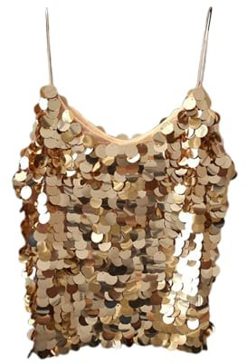 Damen Bauchtanz Crop Top Quasten Pailletten BH Oberteil Pailettenoberteile mit Neckholder Bustier Kostüm Tanzaufführung BH für Bauchtanz, Boho, Festival, Club, Latin Dance (Gold, One Size)