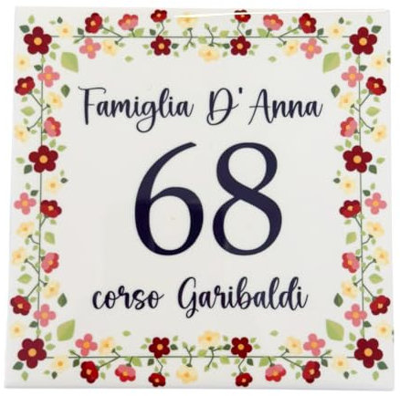 Numero Civico in Ceramica, Targa Decorativa PERSONALIZZABILE,Numero Civico su Mattonella in Ceramica 11x11cm, con Indirizzo e Nome Famiglia Personalizzato, made in italy Numeri Civici Moderni.