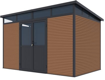 Casetta da giardino in vimini, 338 x 218 x 226 cm, resistente alle intemperie, in alluminio con doppia porta e vetro acrilico, pareti in WPC e tetto in acciaio zincato, spaziosa casetta per attrezzi
