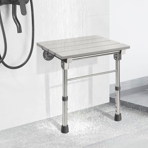 JAOGAUS Wall Mounted Folding Shower Seat, Adjustable Height Bath Chair, with Non-Slip Feet for Elderly/Disabled/Pregnant, Waterproof Wooden Bathroom Stool, Supports Weight up to 300lbs