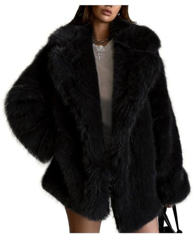 Kissonic Women Faux Fur Coat Lapel Warm Open Front Winter Outerwear Black