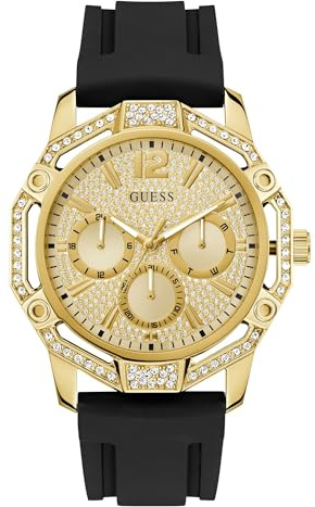 Guess GW0954G2 Montre pour Homme avec Affichage de la Date, zircone, Bracelet en Silicone Noir, Verre minéral, Cadran doré, 3 Bars, diamètre du boîtier : 46 mm