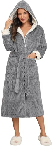 Ekouaer Women Hooded Fleece Robe, Long Plush Robes For Womens with Hood Soft Warm Bathrobe Grey XL
