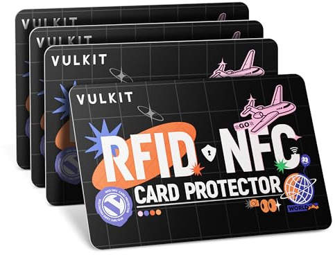 VULKIT Tarjetas de Bloqueo RFID/NFC- Paquete de 4, Protector de Tarjeta de crédito Ultrafino, Protector de Tarjetas sin Contacto, Bloqueador NFC Premium, para Tarjetas crédito, Pasaportes, Billetera