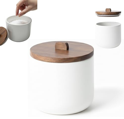 Kook Time Salero de Cocina de Cerámica CURVE - Bote Hermético con Tapa de Madera de Acacia. Tarro Multiusos para Sal, Azúcar o Especias. Diseño Nórdico Moderno. 11.5 x 12 cm. - Blanco