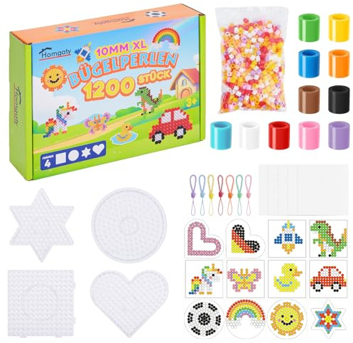 Homgaty Lot de 1200 grandes perles à repasser de 10 mm avec 4 plaques [carré, cercle, étoile, cœur], 12 motifs et papier à repasser, 10 couleurs XXL Maxi perles enfichables et plaques enfichables pour