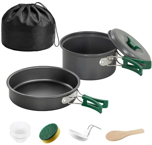 Outsunny Set di Pentole da Campeggio Ultraleggero, Pentole Kit per Campeggio Cucina, Manici Anti-Scottatura, Riscaldamento Rapido per 2 Persone, per Campeggio, Zaino in Spalla, Picnic, Escursionismo