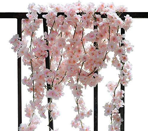 COSCHANO 4 Pack Artificial Cherry Blossom Wall Hanging Cherry Vine Silk Floral Garland Flowers String Fake Flowers Garland for Home Wedding Arch Outdoor Garden Wall Decor Party Decoration,5.9 Feet