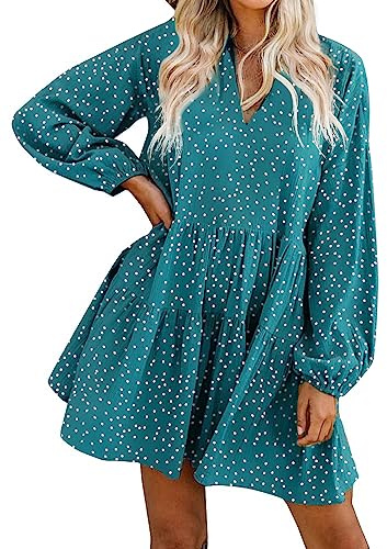 FANCYINN Robe Courte Femme Ourlet à volants Lin Casual Robe Patineus Point vert à manches longues M