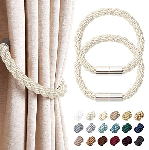 NICEEC 2 Pack Strong Magnetic Curtain Tiebacks Modern Simple Style Drape Tie Backs Convenient Decorative Weave Rope Curtain Holdbacks for Thin or Thick Home & Office Window Draperies (Beige)