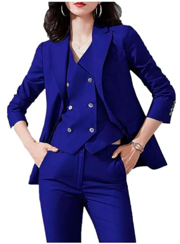 Conjunto de 3 piezas para mujer, traje de oficina, chaqueta, chaleco, pantalones, trajes de negocios, traje de fiesta de graduación, ropa casual, azul real, L