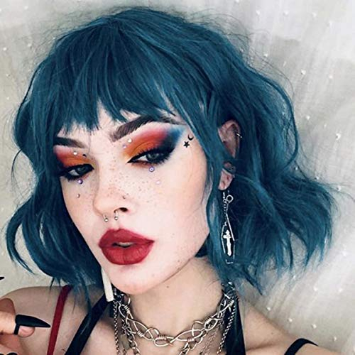 PARXITN Kurze Bob Perücke mit Pony Natürliches Dunkel Blau Synthetisches Haar Bunt Täglich Party Halloween Cosplay Gewellte Lockige Perücken für Frauen
