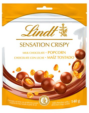 Lindt Sensation Crispy Maíz Tostado, bolas de chocolate con leche rellenas de maíz tostado, snack de chocolate Lindt, grageas de chocolate intenso y suave, 140g