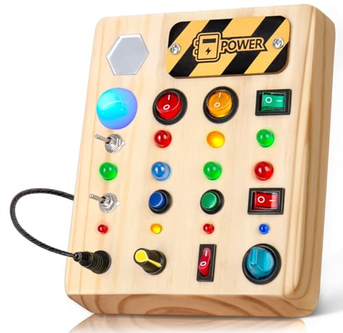 TINTECUSA Busy Board Montessori Toys for Toddler, Wooden Sensory Board Switch Toy with Shape Sorter LED Light Up Toys Educational Plane Travel Activity for Girls & Boys