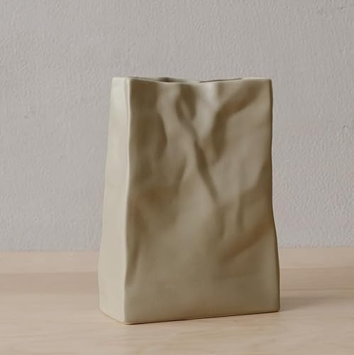 Crinkle Paper Bag Shape Ceramic Vase, Large Capacity for Flower Arrangement, Bookshelf Decorative (Coconut Café)