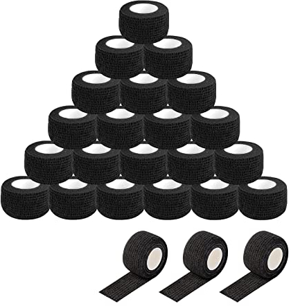 EZ Tattoo Grip Tape - 24pièces (2.5cm x 4.5m) Ruban adhésif auto-adhésif élastique Rouleau de bandage pour machine de tatouage Grip Accessoires Fournitures de tatouage (Black)