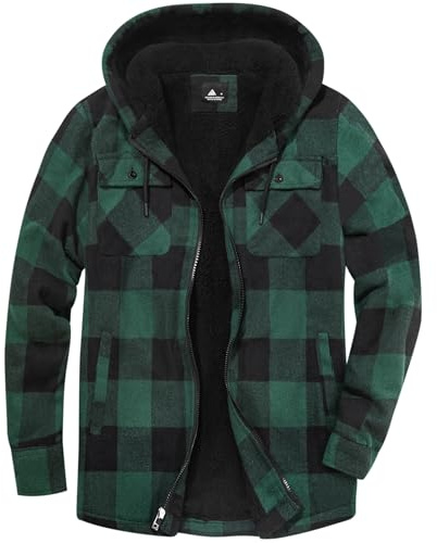 JACKETOWN Men's Fleece Jackets Checked Flannel Shirt Long Sleeve Casual Work Plaid Shirt Full Zip Up Warm Hoodie WinterJacke Outwear Lined Padded Lumberjack Checked