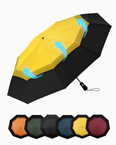Chakipee Ombrello Pieghevole Pioggia da Viaggio Antivento - Ombrelli Portatile Giallo per Uomo Automatico Apri Chiudi, Doppio Baldacchino Ventilato, Rivestimento in Tessuto 210T Apertura 102 cm 9 ossa