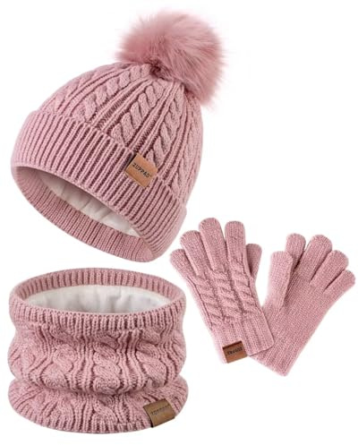 ZUPPAD Mütze und Schal Set, Winter Mütze mit Bommel, Strick Halswärmer, Warme Handschuhe, Fleece-Gefüttert für Mädchen und Kinder (Rosa)