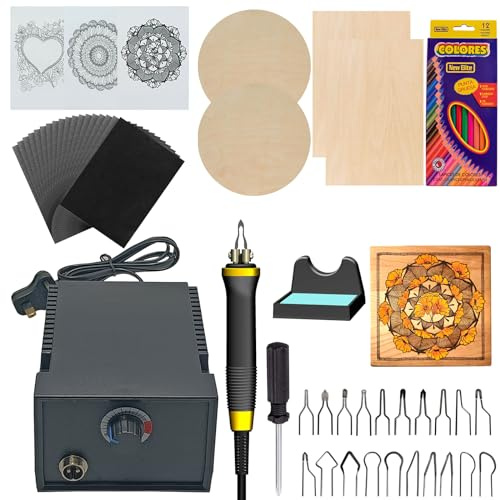 selliner Wood Burning Kit,60W Pyrography Wood Burning Tool Set,Pyrography Machine with Pen and 20 Wire Tips, 4 Pcs Basswood Sheet,Carbon Paper,Colouring Pencils ﻿