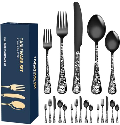 XIAOYU 20-Piece Bizarre Flatware Set, Gothic Skull Silverware Set for 4, Skeleton Flower Unique Pattern Design, Knives/Forks/Spoons Cutlery Set Halloween Event Tableware Utensils, Black