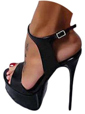 ORANDESIGNE Sandales à Talons Hauts en Cuir Femme Bout Ouvert Talon Haut 16cm Plateforme Épais Talons Hauts Aiguille Sandales Club Soirée Chaussures D Noir 39 EU