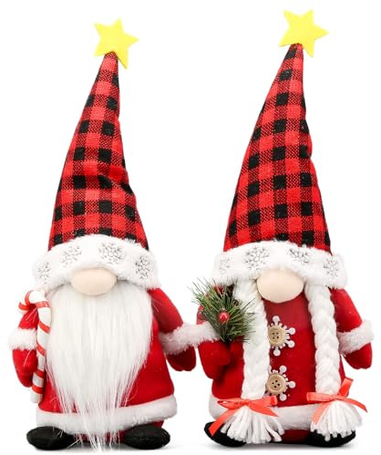 Lovinland Christmas Gnomes Plush Couple with Red Buffalo Check - Xmas Gnomes Elf Tomte Ornaments Doll - Christmas Decorations - Xmas Decorations for Home, Indoor, Office