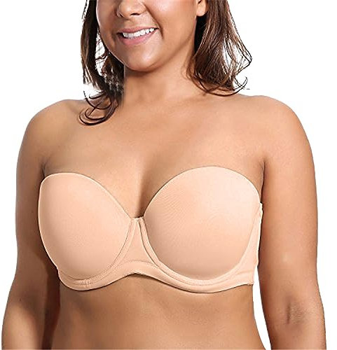 Women's Plus Size Thin Cup Strapless Bra Non Slip Underwear with Removable Straps Label Mark, beige, J