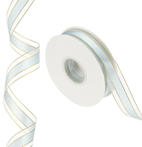 PATIKIL 50 Iarde x 1 Nastro a Righe, Nastro Candy Oro e Azzurro Chiaro Rotolo Nastro Metallico per Confezioni Regalo per Natale Artigianato Ghirlanda Compleanno Matrimonio Festival