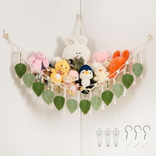 Pretty Jolly Macrame Leaf Wall Hanging Storage Hammock, 59 Boho Corner Organizer with Tassels, Stuffed Animal Plush Holder for Kids Room Nursery Decor (Avocado Green & Sage Green)