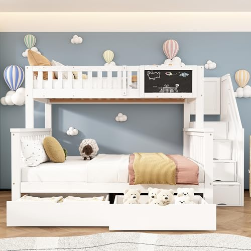Moimhear Letto a castello per bambini, letto a due piazze, 90x200cm+140x200cm, letto multifunzionale per bambini, con lavagna e cassetti, senza materasso (Bianco)