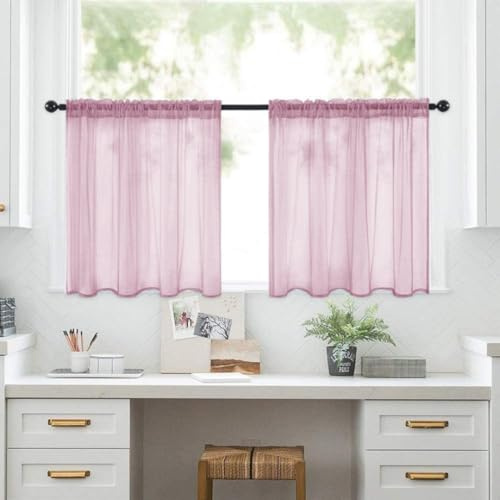 Treer Cortinas Cortas para Ventanas, 2 Piezas Semitransparente Visillos Cortos para Ventanas, Cortinas Cocina Ventana con Bolsillo, para Comedor Café Pequeñas (Rosa Sakura,132x46cm)