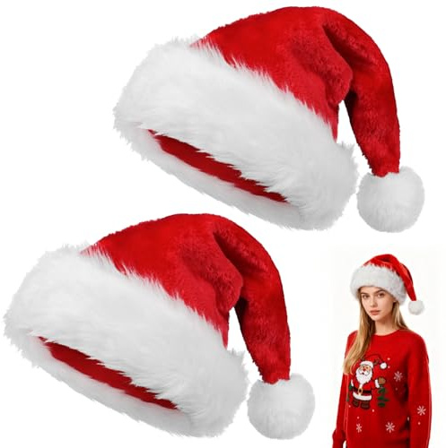 LEEPAT 2 Piece Deluxe Plush Christmas Santa Hat For Adults Christmas Party Hat With Fur for Christmas Gifts New Year Festive Holiday Party Supplies