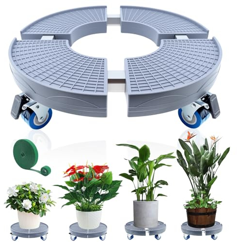 K KASONIC Base Móvil para Macetas con 4 Ruedas, Capacidad 150KG, Soporte Rodante Ajustable 37-43cm para Maceteros Grandes de Interior y Exterior, Incluye 5m de Cintas para Plantas Desgarrables
