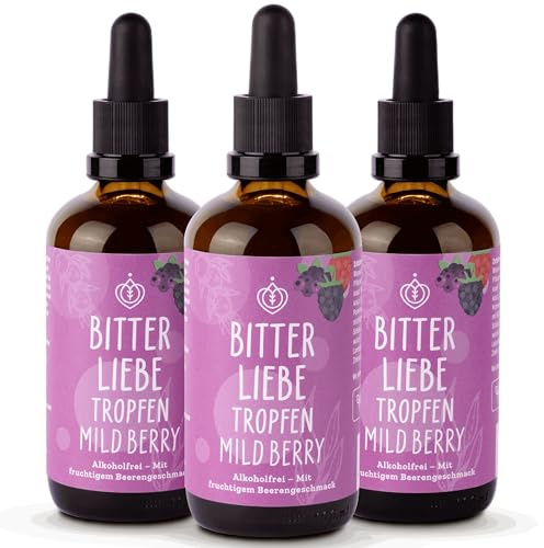 BitterLiebe - Gouttes d'amertume Mild Berry - Substances amères sans alcool - Gouttes au goût de fruits - Artichaut et pissenlit pour la digestion - Contre les fringales - Végétalien et fabriqué en