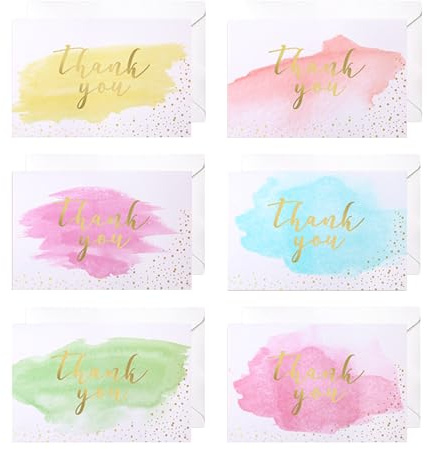 Daleweo Biglietti Ringraziamento 12 Pezzi Con Buste Bigliettini Carta Bianca In Lamina D'Oro Stile Acquerello Biglietto Matrimonio Thank You Card Per Matrimonio Compleanni Laurea Affari