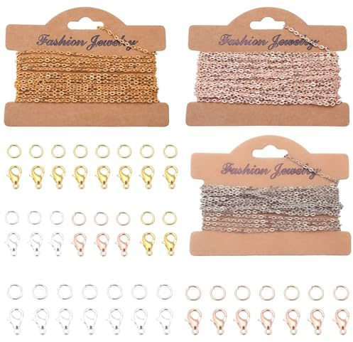 EVBOTGEE Kit Catene 9 Metri (Oro, Argento, Rosa) + 30 Ganci a Lobster + 90 Anelli – Catena a Maglie Acciaio Inox per DIY Bijoux e creazioni Artigianali – Kit per Fare Catene da Soli