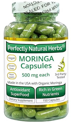 150 Moringa Capsules Made With USDA Certified Organic Moringa Leaf Powder, Net Weight of 500mg per Capsule