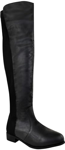 Fashion Thirsty LADIES WOMENS FLAT ELASTICATED WIDE LEG STRETCH OVER THE KNEE HIGH RIDING BOOTS SIZE (UK 5 / EU 38 / US 7, Black Matt)