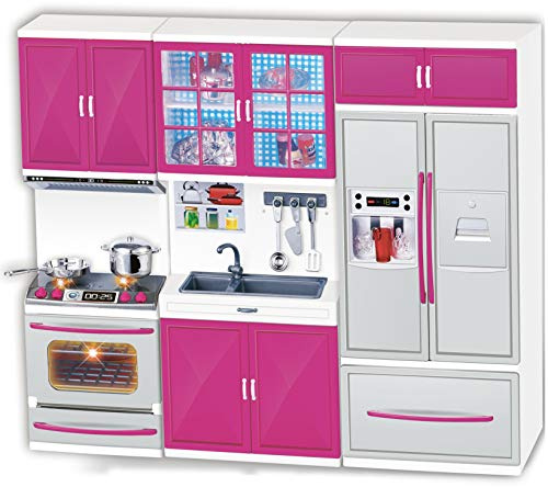 Doll Kitchen Playset for Kids, My Modern Mini Kitchen House Furniture Pretend Play Toy Accessories Set with Realistic Lights & Sounds for Toddlers, Girls (3-in-1)