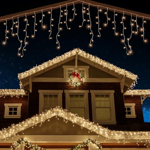 ANSIO Icicle Outdoor Christmas Lights 500 LED, Warm White, Clear Cable | 17.4m/56ft Icicle Lights Outdoor & Indoor Decorations String Fairy Outside Lights with Timer for Xmas Garden, Mains Powered