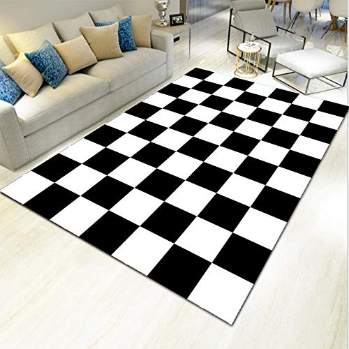 in & Outdoor Teppich Flachgewebe Design - Karo Tisch Teppich schwarz und weiß Karierte Kombination Moderne minimalistische Nähte Mode Anti-Fading-80 x 120 cm