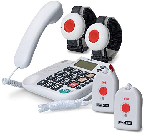 Maxcom KXTSOS: Seniorentelefon, schnurgebundenes Festnetztelefon mit 2 Armband- und 2 Umhängesender, großen Tasten, Adapterstecker