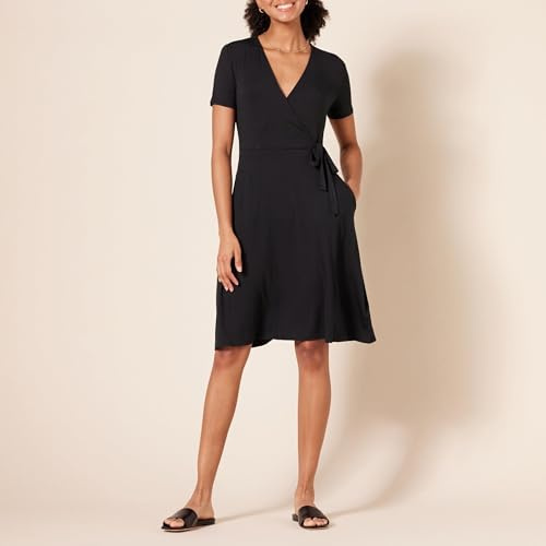 Amazon Essentials Women's Short Sleeve V Neck Faux-Wrap Dress, Fitted, Black, Large